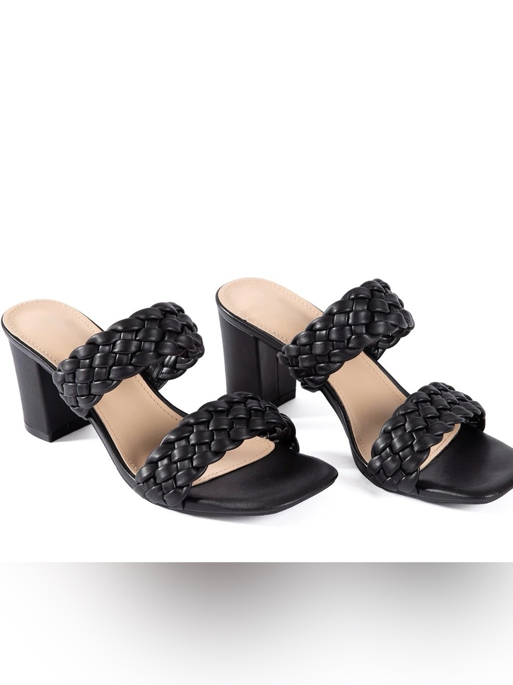 Black Braided Double-Strap Block Heel Sandals - Women